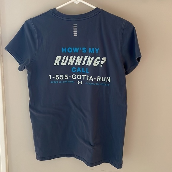 Under Armour Women Funny Running T-Shirt Blue Front Back Design Reflective S - Picture 2 of 5